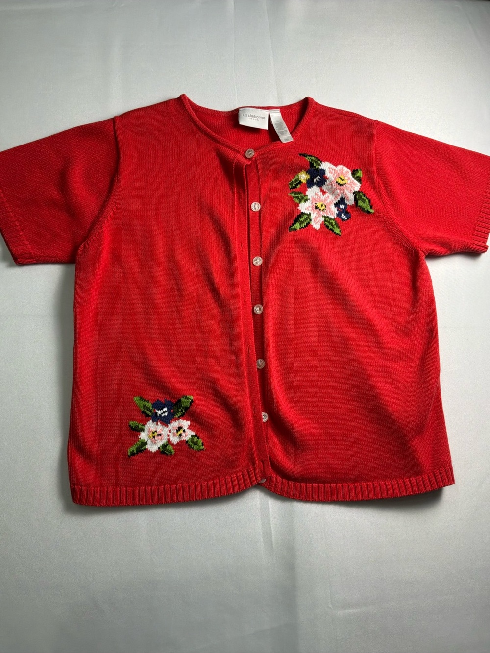 Liz Claiborne Liz & Co. XL Orange Floral  Embroidered  Cotton Cardigan Sweater
